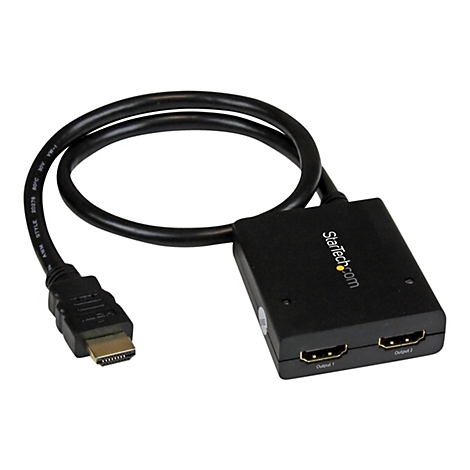 Un répartiteur HDMI noir avec deux sorties et un câble connecté.