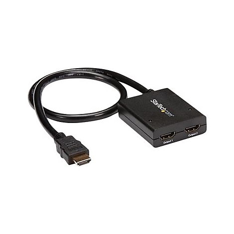 Répartiteur HDMI noir avec deux sorties et câble HDMI, logo StarTech.com.
