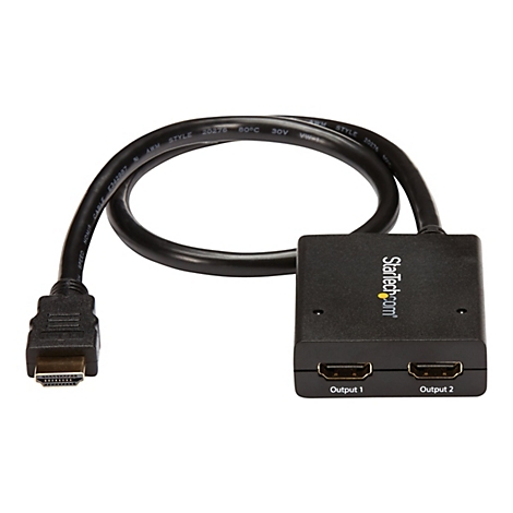 Un répartiteur HDMI noir avec deux sorties et un câble, logo du fabricant StarTech.com, impressions sur le câble.