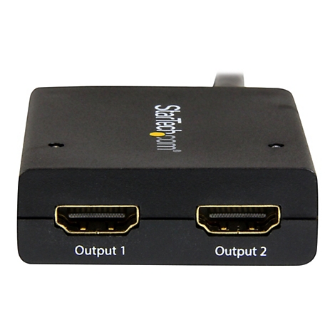 Un répartiteur HDMI noir avec deux sorties et le logo Startech.com.