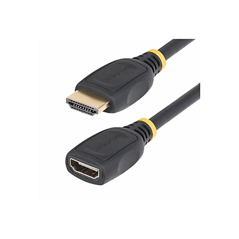 Zwei schwarze HDMI-Kabel mit gelben Akzenten, die von einer weißen Oberfläche abstehen. Beide Enden sind sichtbar.