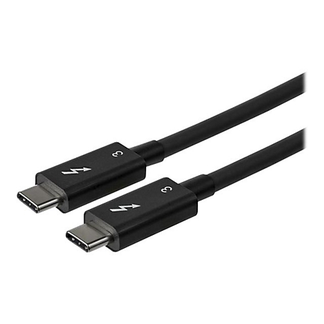 Schwarzes Thunderbolt 3 Kabel mit USB-C Anschlüssen. Auf den Anschlüssen befinden sich Symbole für Thunderbolt und die Zahl 3.