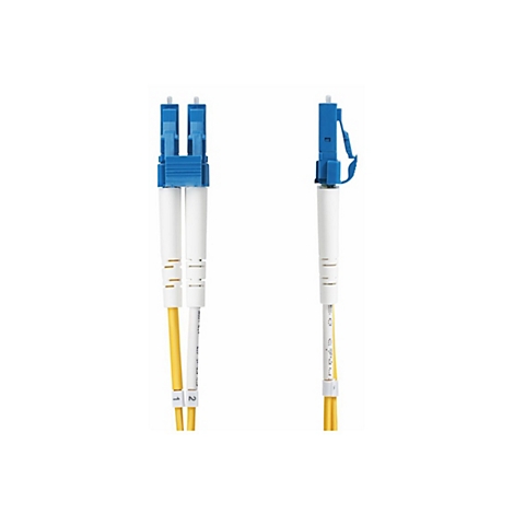 Zwei Glasfaserkabel mit blauen Steckern und gelben Adern. Eines hat zwei Stecker, das andere einen.