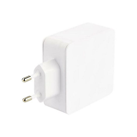 Weißes Netzteil mit Steckern. Die Stecker haben goldfarbene Kontaktstellen.