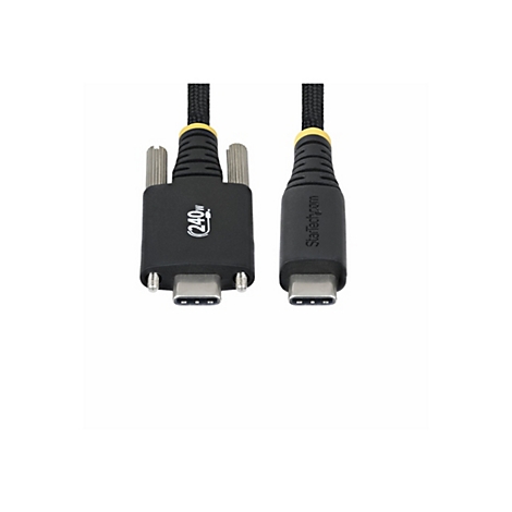 Zwei schwarze Kabelenden mit Steckern. Eines mit VGA-Anschluss, das andere mit USB-C-Anschluss. Auf dem VGA-Anschluss ist "240W" gedruckt. Beide sind auf weißem Hintergrund.
