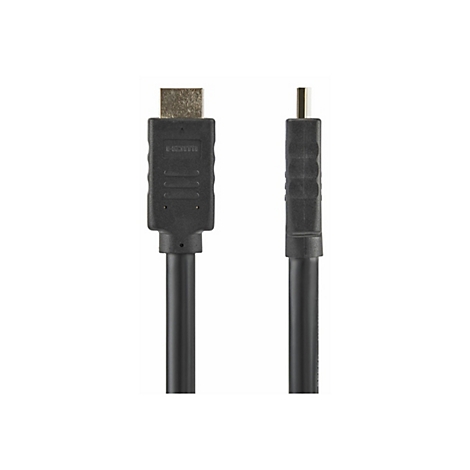 Ein schwarzes HDMI-Kabel mit Steckern an beiden Enden. HDMI ist auf dem Stecker geschrieben.