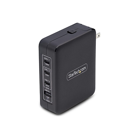 Schwarzes Ladegerät mit mehreren USB-Anschlüssen. Aufschrift: StarTech.com und USB-C 1/2/3 sowie USB-A 1 mit Watt-Angaben.