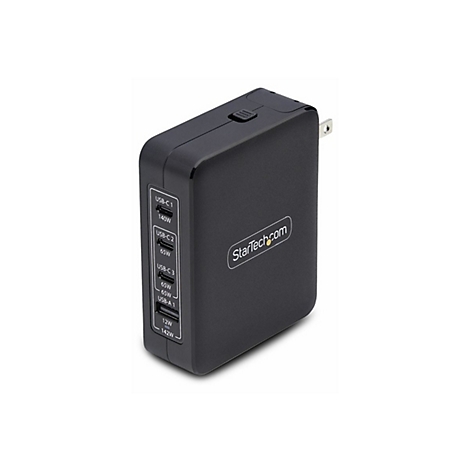 Schwarzes Ladegerät mit USB-Anschlüssen. Aufschrift: USB-C 1, 140W, USB-C 2, 65W, USB-C 3, 65W, USB-A 1, 12W. StarTech.com Logo.