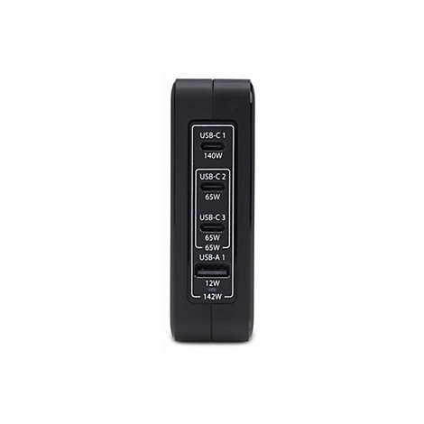 Schwarzes Netzteil mit drei USB-C-Anschlüssen und einem USB-A-Anschluss, beschriftet mit Watt-Leistungsdaten.