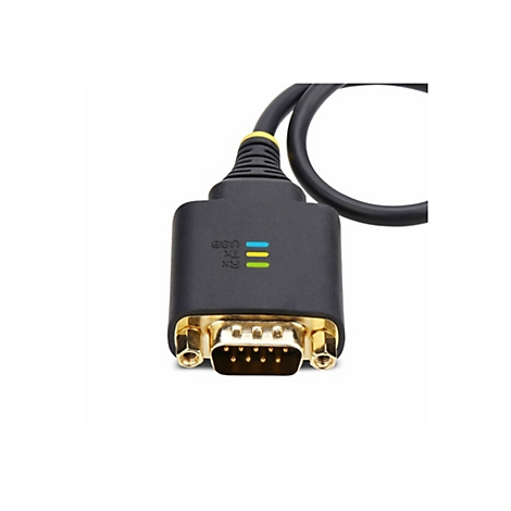 Nahaufnahme eines schwarzen Kabels mit gelben Akzenten und einem Stecker mit goldfarbenen Kontakten. Auf dem Stecker sind drei farbige LED-Leuchten zu sehen.