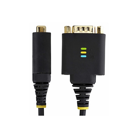 Ein schwarzes Datenkabel mit goldfarbenen Steckern. Am Stecker leuchten LEDs mit der Beschriftung RX, TX und USB.
