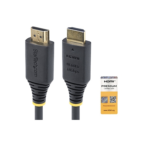 Zwei schwarze HDMI-Kabel mit goldenen Steckern und einem Aufkleber mit HDMI Premium Zertifizierung. Auf einem Kabel steht Startech.com, auf dem anderen HDMI 4K 60Hz 18Gbps.