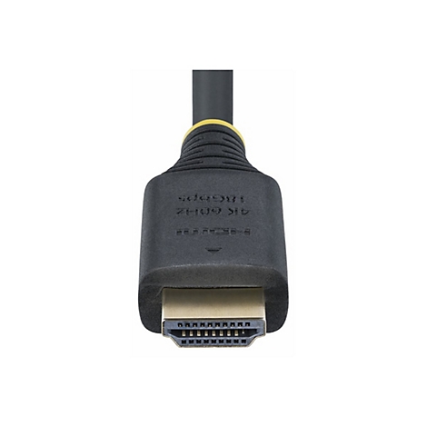 Nahaufnahme eines schwarzen HDMI-Kabels mit goldenem Stecker. Auf dem Stecker steht HDMI, 4K 60Hz 18Gbps.