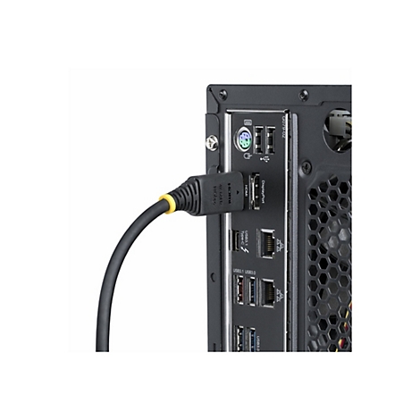 Nahaufnahme der Rückseite eines schwarzen Computers. Ein HDMI-Kabel mit gelbem Akzent ist angeschlossen. Beschriftungen umfassen HDMI, DisplayPort, USB und mehr.