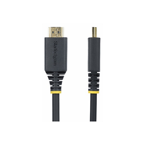 Ein schwarzes HDMI-Kabel mit goldenen Steckern. Auf einem Stecker steht "Startech.com". Gelber Akzent.