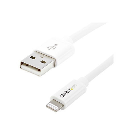 Weißes Lightning auf USB-Kabel, mit StarTech.com Logo und USB-Symbol.