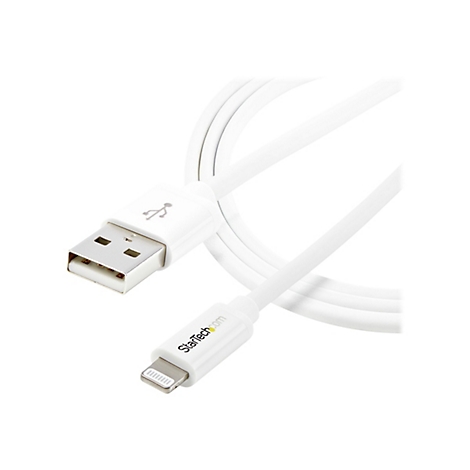 Weißes Lightning- auf USB-Kabel von StarTech.com vor weißem Hintergrund. Der USB-Stecker hat ein USB-Symbol.