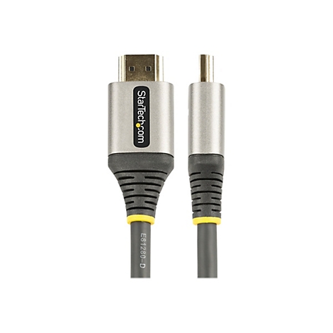 Ein graues HDMI-Kabel mit goldenen Steckern auf weißem Hintergrund. Das Kabel hat einen grauen Mantel mit dem Logo von Startech.com und die Bezeichnung E81280-D.