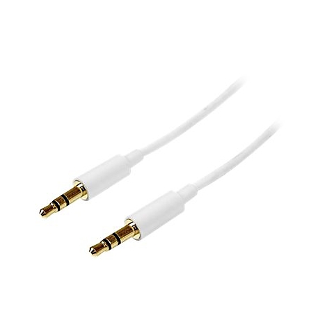 Zwei weiße 3,5-mm-Klinkenstecker-Kabel mit goldenen Steckern.
