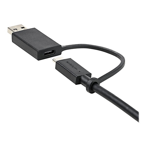 Schwarzes USB-C-Adapterkabel mit USB-A- und USB-C-Anschlüssen. Der Stecker ist mit „StarTech.com“ beschriftet.