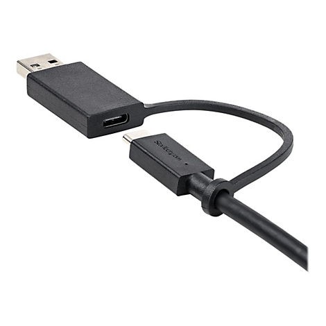 Ein schwarzes USB-Kabel mit USB-A- und USB-C-Anschlüssen. Der Stecker des Kabels hat den Schriftzug "Startech.com".