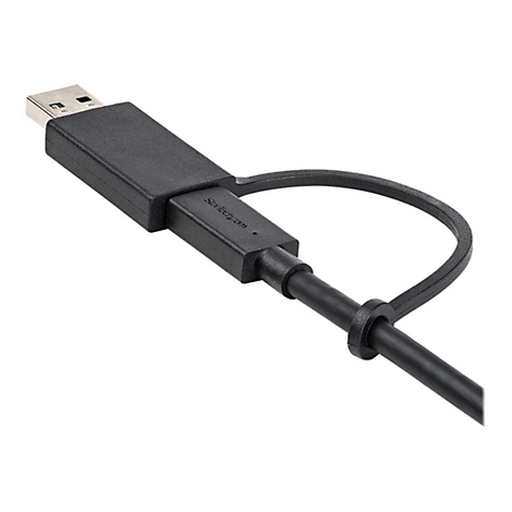 Schwarzes USB-Kabel. Der USB-Stecker ist nach oben gerichtet, das Kabel biegt sich in einer Schlaufe zurück.