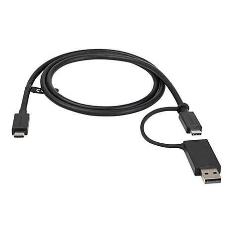 Schwarzes USB-C-Kabel mit USB-A-Adapter; Kabel in S-Form, Anschlüsse deutlich erkennbar.