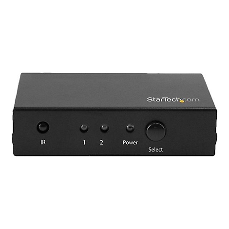 Schwarzer HDMI-Switch mit IR, Knöpfen für Eingänge 1 und 2, Power und Select sowie dem Logo "StarTech.com".