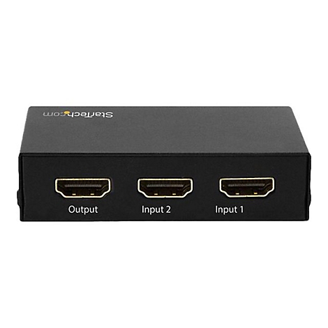 Schwarzer HDMI-Splitter mit drei Anschlüssen: Output, Input 2 und Input 1. Auf der Oberseite steht Startech.com.