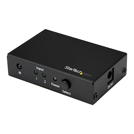 Schwarzer StarTech.com Umschalter, mit Anschlüssen und Knöpfen. Beschriftung: 'Input', 'Power', 'Select', 'DC/5V'.