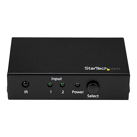Schwarzer Videoumschalter mit Beschriftung: IR, Input, 1, 2, Power, Select. Logo: StarTech.com.