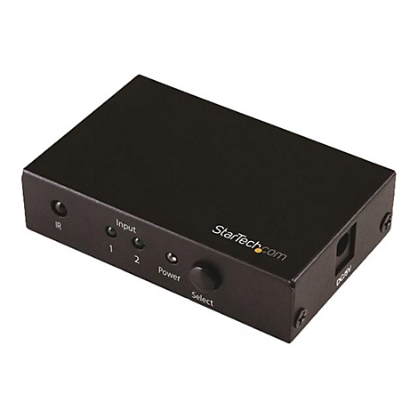 Schwarzer HDMI-Umschalter mit StarTech.com Logo. Anschlüsse für Input, Strom und DC5V.