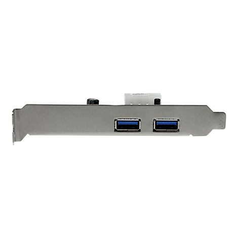 Graue USB 3.0 Karte mit zwei Anschlüssen. Blaue Innenseiten der Ports sind zu sehen.