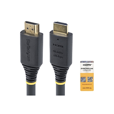 Zwei schwarze HDMI-Kabel mit goldenen Anschlüssen. Auf einem ist "Startech.com" und auf dem anderen "HDMI 4K 60Hz 18Gpbs" vermerkt. Daneben ein Aufkleber mit "HDMI PREMIUM".