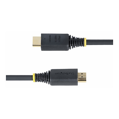 Zwei schwarze HDMI-Kabel mit gelben Akzenten, die von einer weißen Oberfläche abheben. Auf einem Kabel steht "HDMI 4K 60Hz 18Gbps".