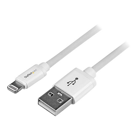 Weißes USB-Ladekabel mit Lightning-Anschluss. Beide Enden sind im Detail zu sehen, das USB-Ende mit einem Symbol.