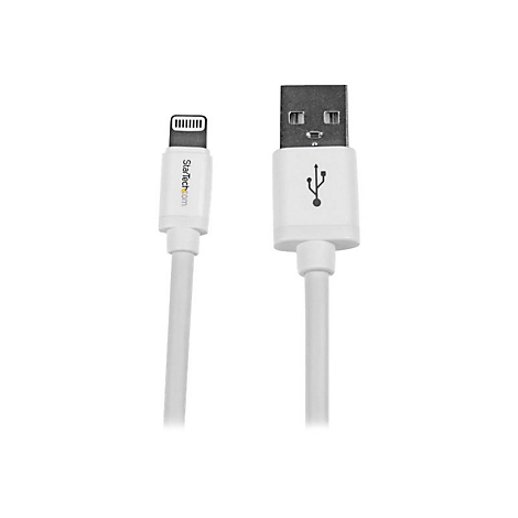 Weißes USB-Ladekabel mit Lightning-Anschluss und Startech.com-Logo. Der USB-Anschluss hat das USB-Symbol.