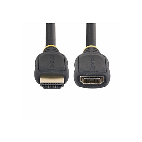 HDMI-Kabel mit schwarzen Steckern und gelben Akzenten auf weißem Hintergrund.