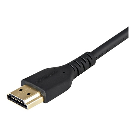 Nahaufnahme eines schwarzen HDMI-Kabels mit goldenem Stecker. Logo von Startech.com sichtbar.
