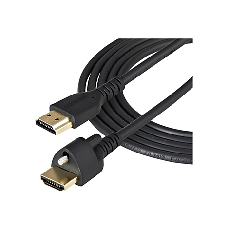 Ein schwarzes HDMI-Kabel mit vergoldeten Anschlüssen. Der Kabelkörper trägt die Aufschrift "HIGH SPEED HDMI CABLE".