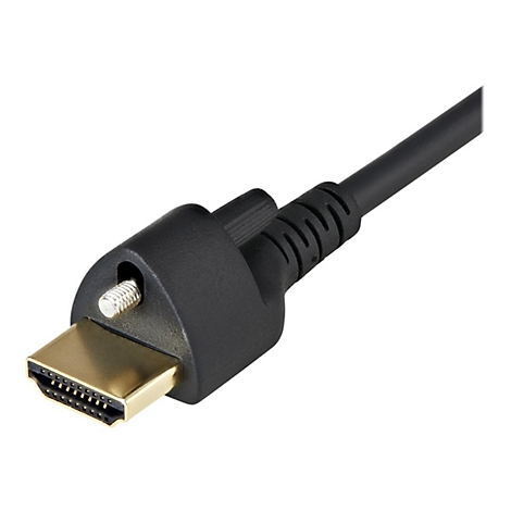 Nahaufnahme eines schwarzen HDMI-Kabels. Der Stecker ist gewinkelt und hat einen vergoldeten Anschluss.