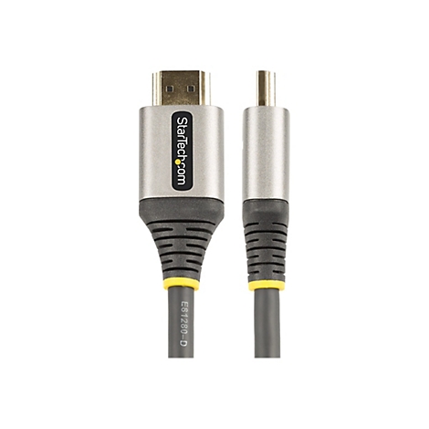 Ein graues HDMI-Kabel mit goldenen Steckern. Auf einem Stecker steht "Startech.com".