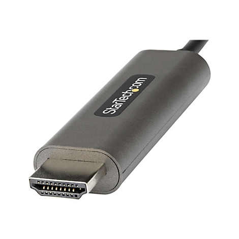 Grauer HDMI-Stecker, StarTech.com Logo. Auf weißem Hintergrund. Nahaufnahme.