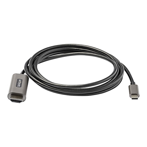 Ein schwarzes HDMI-Kabel mit USB-C-Anschluss, liegt auf weißem Hintergrund.