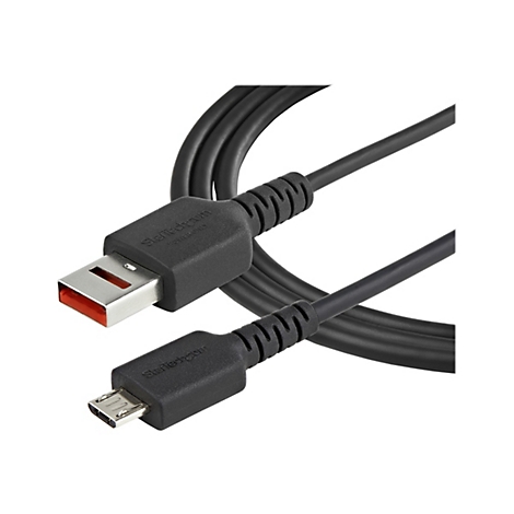 Ein schwarzes USB-Kabel mit USB-A und Micro-USB-Anschlüssen. Auf den Steckern steht "StarTech.com".