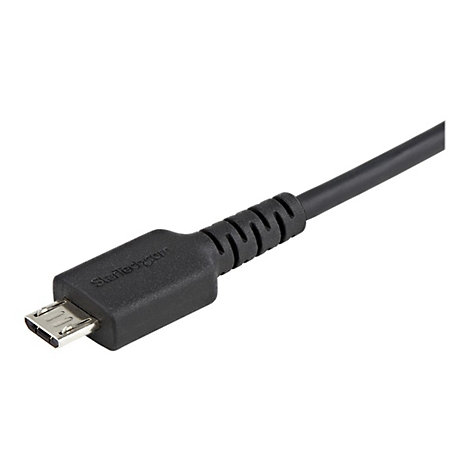 Nahaufnahme eines schwarzen Micro-USB-Kabels. Das Kabel ist an einem Ende mit einem USB-Anschluss und am anderen mit einem Kabel verbunden. Auf dem Anschluss steht "StarTech.com".