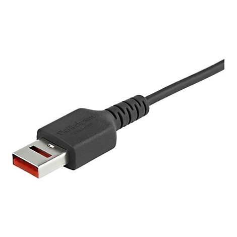 Nahaufnahme eines schwarzen USB-Kabels mit roter Innenseite.