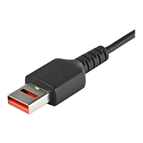Ein schwarzes Netzkabel mit USB-C-Anschluss, beschriftet mit 'Startech.com'. Der Stecker hat eine orangefarbene Innenseite.