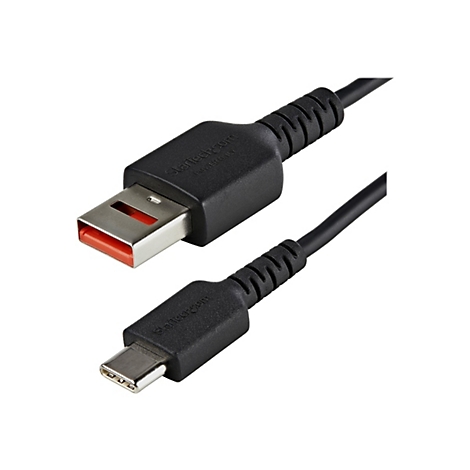Schwarzes Ladekabel mit USB-C und USB-A Anschlüssen, Markenname StarTech.com ist auf den Steckern sichtbar.