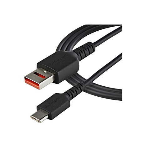 Ein schwarzes USB-C-Kabel mit einem USB-A-Anschluss und einem USB-C-Anschluss. Beide Anschlüsse haben den Markennamen StarTech.com.